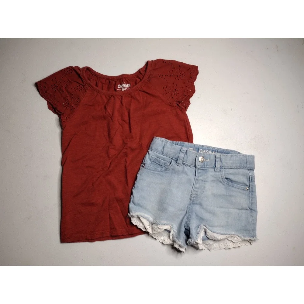 OshKosh B'gosh Rust Eyelet Top and Cat‎ & Jack Lace Trim Denim Shorts Set 5T